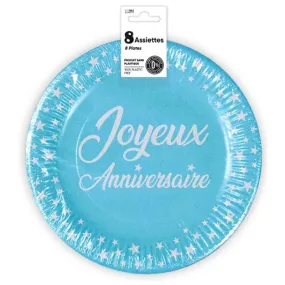 Assiettes Joyeux Anniversaire Bleues x8
