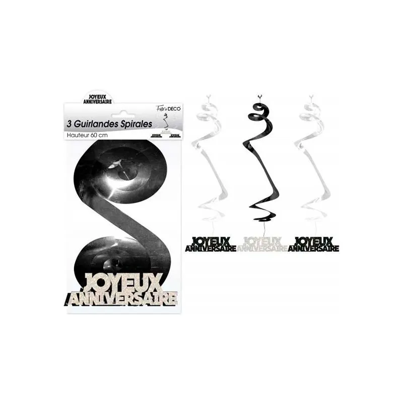 Guirlandes Spirales Joyeux Anniversaire Noir/Blanc