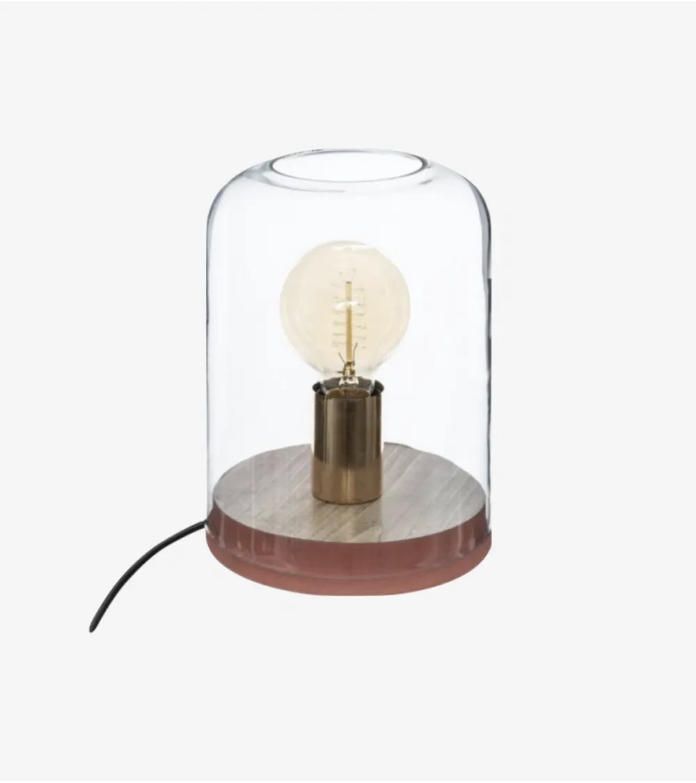 Lampe Dôme en Verre et Bois de H. 23 cm 