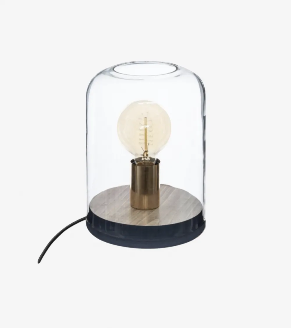 Lampe Dôme en Verre et Bois de H. 23 cm 