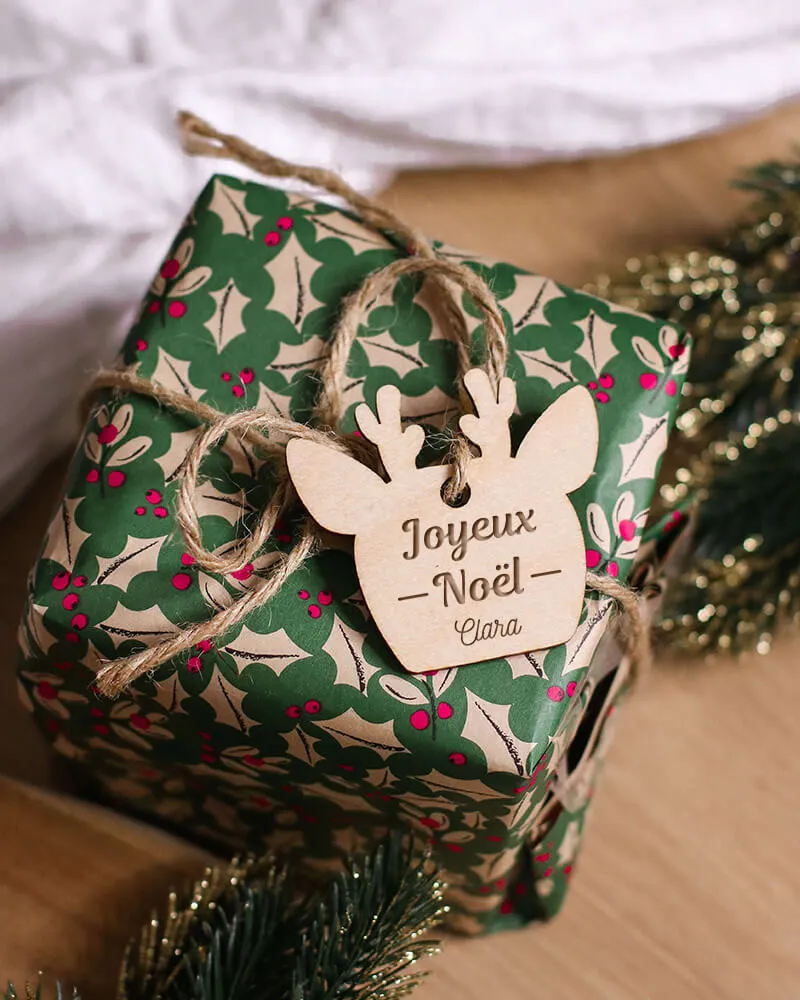 Étiquette cadeaux de Noël renne en bois personnalisée - Joyeux Noël